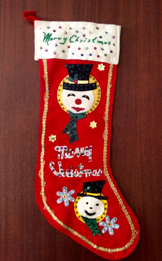 Items similar to Vintage Felt and Sequin Christmas Stocking 2 Sided on Etsy
