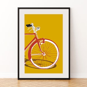 Printable Contemporary Vintage Red Bicycle on Mustard Yellow Wall Art for Home Office Studio Wall Decor Graphic Art Print. Instant Download.