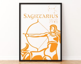 Puede incluir: Lámina artística del zodiaco Sagitario naranja en un marco negro. El diseño presenta el símbolo de Sagitario, un arquero centauro, con la constelación y las fechas del 22/11 al 21/12. La obra está sobre un fondo blanco.