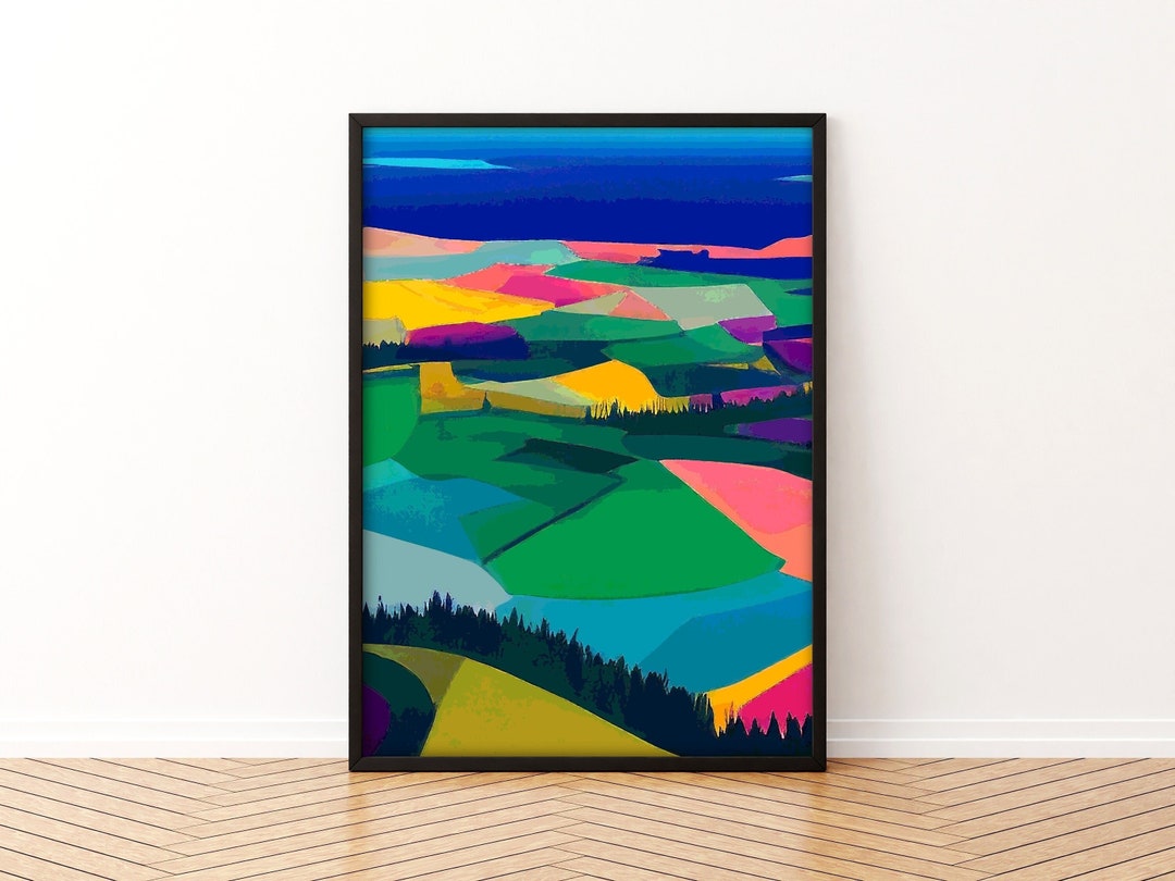 Abstract Landscape Art Print: Bright Multi-colored Rural Farm Fields ...