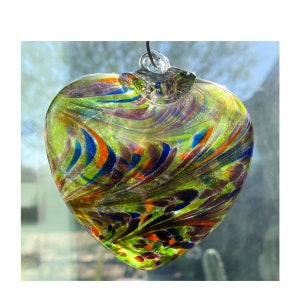 4” Green, Purple and Blue Blown Glass Heart Ornament by 2 Sisters Artisan Glass