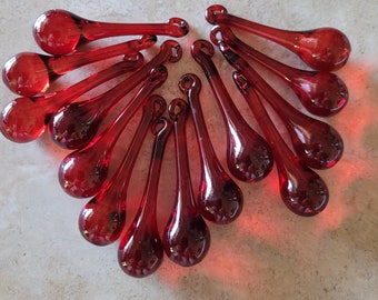 2 Sisters Artisan Glass Handmade Red Crystal Raindrop Ornaments 2 3/8" Set of 14