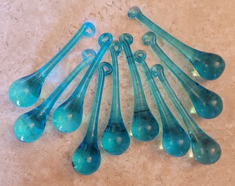 2 Sisters Artisan Glass Handmade Aqua Blue Crystal Raindrop Ornaments 3" Set of 10