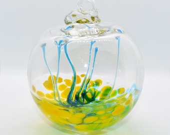 2 Sisters Artisan Glass 4" Yellow & Aqua Speckled Blown Glass Witch Ball Tree or Friendship Ornament
