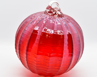 2 Sisters Artisan Glass 4" Ribbed Iridescent Red Blown Glass Ornament