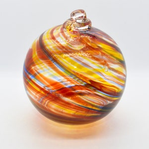 2 Sisters Artisan Glass 4" Red, Blue & Yellow Swirl Blown Glass Gazing Ball Ornament