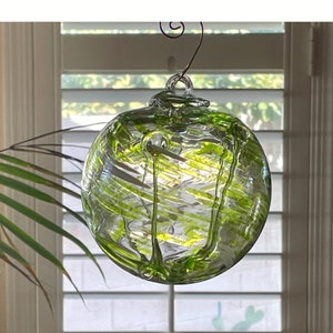 Lime Green and White Swirled Blown Glass Witch Ball Ornament, Tree of Life Ornament