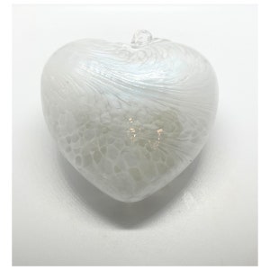 4” Iridescent White Swirled Blown Glass Heart Ornament by 2 Sisters Artisan Glass