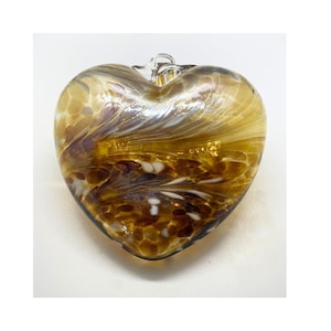 4” Amber Gold and White Blown Glass Heart Ornament by 2 Sisters Artisan Glass