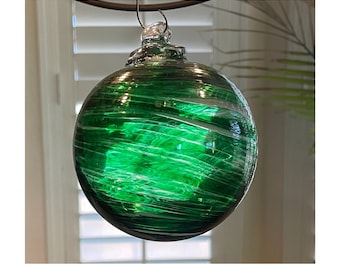 2 Sisters Artisan Glass 4" Green and White Swirled Blown Glass Ornament or Gazing Ball