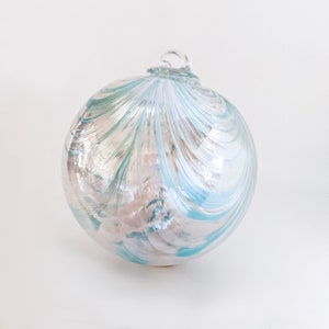 2 Sisters Artisan Glass 4" Aqua Blue & White Swirled Blown Glass Ornament
