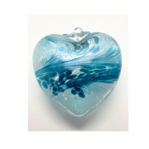4&quot; Dark Aqua Blue & White Swirled Blown Glass Heart Ornament by 2 Sisters Artisan Glass