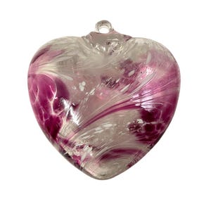 4” Iridescent Pink and White Swirled Blown Glass Heart Ornament by 2 Sisters Artisan Glass