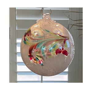 BACK IN STOCK! 2 Sisters Artisan Glass 4" Iridescent White Speckled with Multi Color Swirls Blown Glass Ornament
