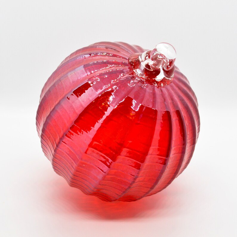 2 Sisters Artisan Glass 4 Ribbed Iridescent Red Blown Glass Ornament image 3