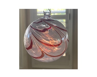 2 Sisters Artisan Glass 4" Red & White Swirled Blown Glass Ornament