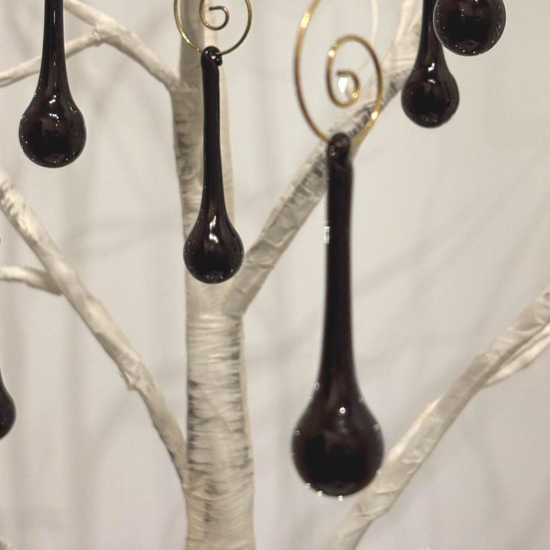 Handmade Black Glass Raindrop Ornaments 2 3/8" Set of 14