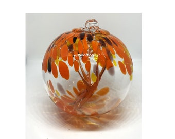 2 Sisters Artisan Glass 4" Orange and Purple Speckled Blown Glass Witch Ball Ornament