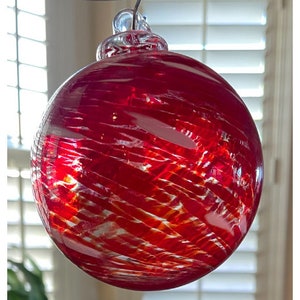 2 Sisters Artisan Glass 4" Red & White Swirled Blown Glass Ornament