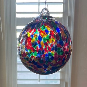 4&quot; Blown Glass Ornament in Red, Cobalt Blue and Green by 2 Sisters Artisan Glass