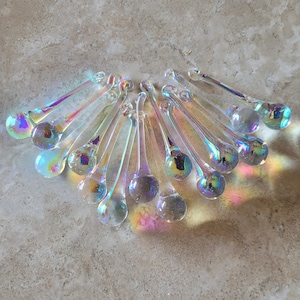 Handmade Clear Rainbow Iridescent Glass Raindrop Christmas Ornaments 2 3/8&quot; Set of 14 Handmade Glass Drops, Crystal Clear Glass Drops