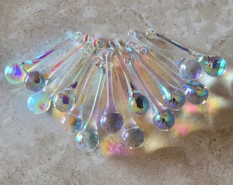 2 Sisters Artisan Glass Handmade Clear Rainbow Iridescent Crystal Raindrop Ornaments 2 3/8" Set of 14