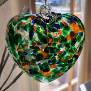 Blown Glass Confetti Heart Ornament: Green & Orange Suncatcher, Handmade