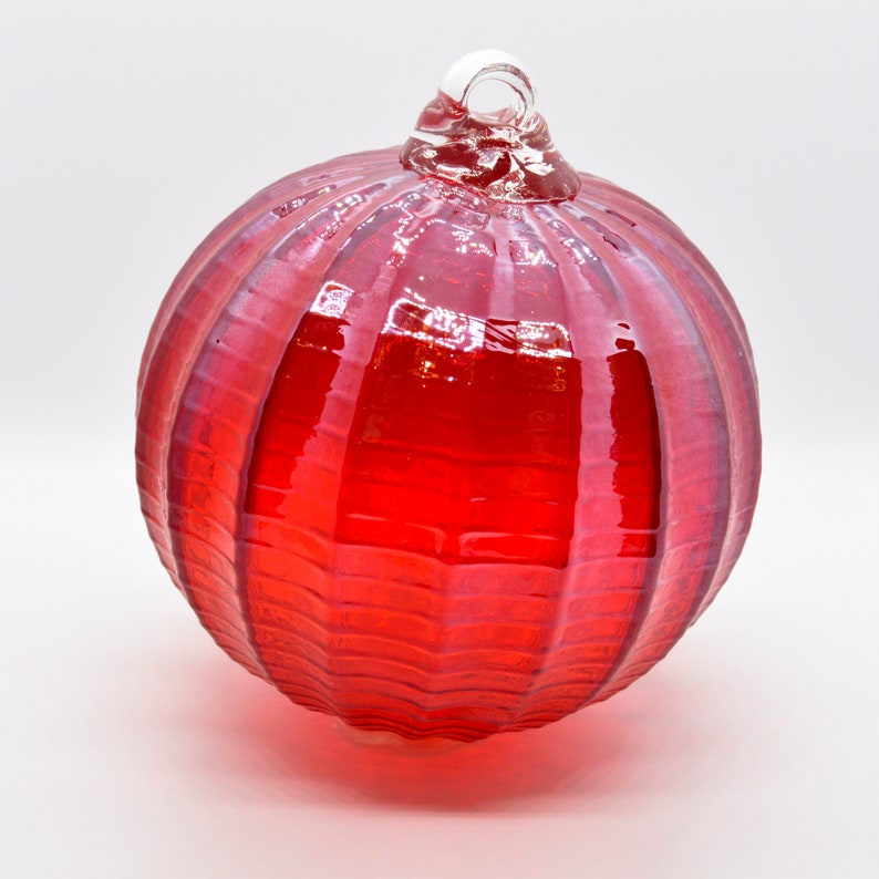 2 Sisters Artisan Glass 4 Ribbed Iridescent Red Blown Glass Ornament image 1
