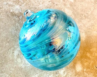 Iridescent Aqua Blown Glass Ornament, Coastal Christmas Ornament