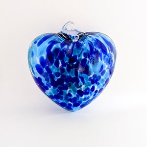 4” Cobalt and Aqua Blue Confetti Speckled Blown Glass Heart Ornament by 2 Sisters Artisan Glass