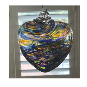 Blown Glass Heart Ornament: Purple, Blue, Yellow Swirl Suncatcher, Handmade