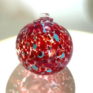 Red and Turquoise Confetti Speckled Blown Glass Ornament, Glass Suncatcher, Blown Glass Friendship Ornament