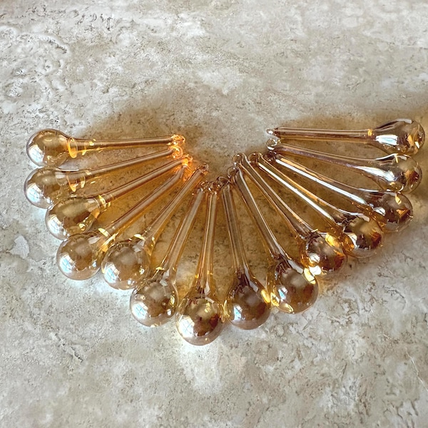 Handmade Iridescent Champagne Gold Glass Christmas Raindrop Ornaments Set of 14