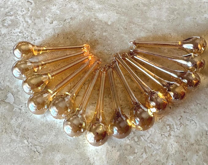 Handmade Iridescent Champagne Gold Glass Christmas Raindrop Ornaments Set of 14