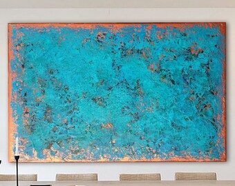 Original ABSTRACT PAINTING XLarge Canvas Art Turquoise Abstract Wall Art Minimalist Art Blue Green Abstract Industrial Art Minimalist Art