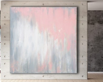 MINIMALIST ABSTRACT PAINTING XLarge Canvas Art Oversized Painting Gray Coral Pink White Abstract Original Art Contemporary Custom Art