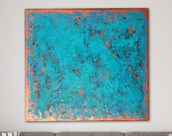 Original Turquoise Abstract Painting, Textured Copper Canvas Art
