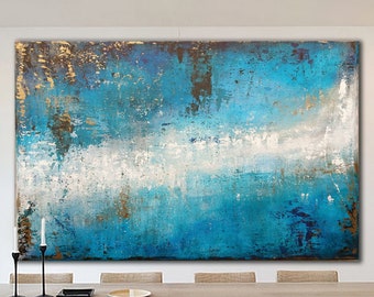 ORIGINAL ABSTRACT PAINTING XLarge Canvas Art Minimalist Painting Turquoise Blue Abstract Acrylic Painting Modern Art Industrial Textured Art