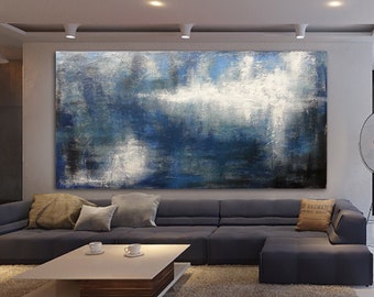 XLarge Blue Abstract Painting on Canvas, Textured Industrial Art