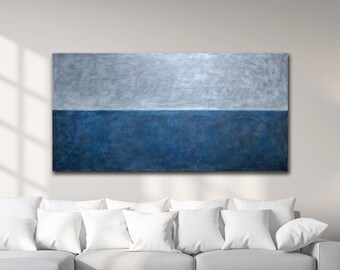 Oversized Abstract Seascape Painting, Indigo Blue Minimalist Art