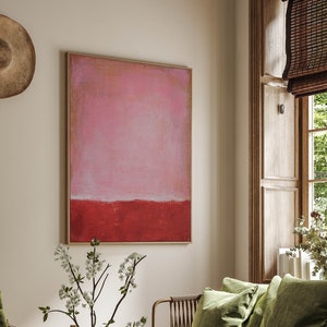 PINK RED ABSTRACT Landscape, Original Minimalist Painting, Pink Abstract Acrylic Painting, Sunrise image 1