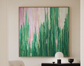 48x48 ORIGINAL GREEN PINK Abstract Painting,  Large Canvas Art, Contemporary Art,  Green Painting, Ready to Ship