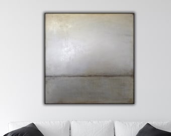 Pintura abstracta original de paisaje marino, lienzo acrílico texturizado gris.