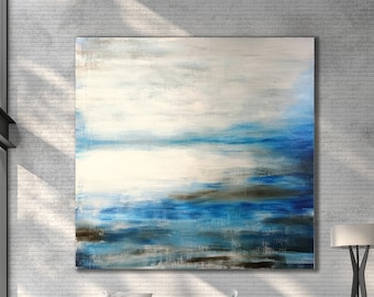 Groot abstract zeegezichtschilderij, zwart-wit-blauwe canvaskunst