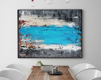 Abstract Canvas Painting, Turquoise Blue Minimalist Art