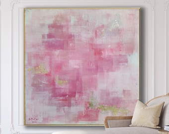 Pintura abstracta original en rosa, arte acrílico texturizado en rosa ruborizado