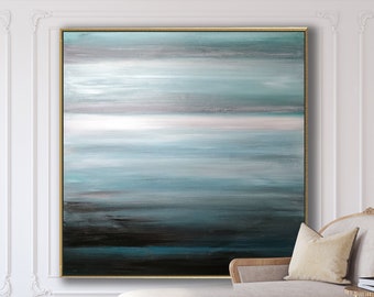Teal Abstract Seascape Painting, XLarge Modern Coastal Art on Canvas