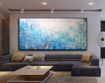 Extra Large Turquoise Blue Abstract Painting, Textured Acrylic Canvas Art