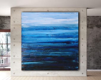Blue Abstract Seascape Painting, Indigo Waters, Modern Canvas Art