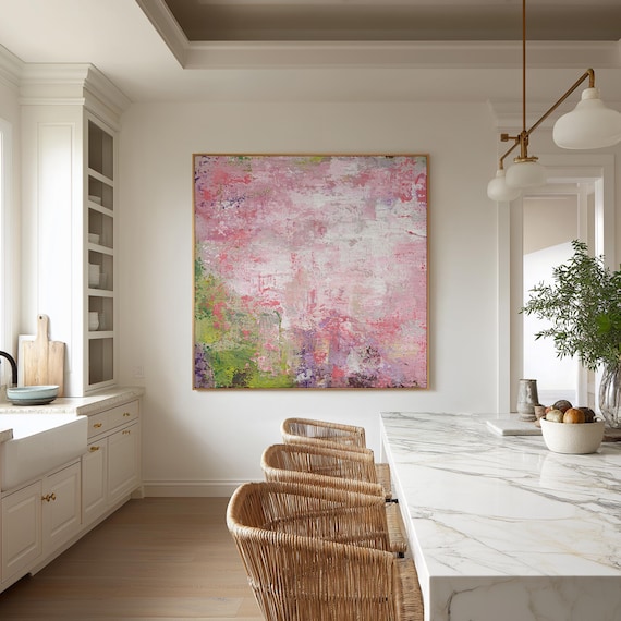 Original Pink Green Abstract Painting, Textured Art, Made to Order